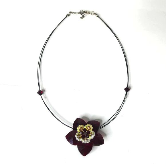 Jewelry - Flower Slide Pendant Beaded Multi Strand Black Wire Necklace Red Adjustable